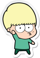 sticker of a nervous cartoon boy waving png