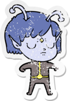 distressed sticker of a cartoon alien girl png