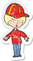 pegatina retro angustiada de un niño de dibujos animados con gorra png