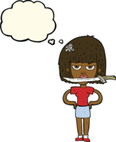 cartoon woman with knife between teeth with thought bubble png