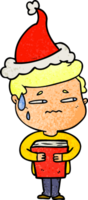 hand drawn textured cartoon of a anxious boy carrying book wearing santa hat png