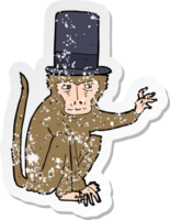 retro distressed sticker of a cartoon monkey wearing top hat png