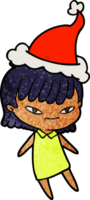 main tiré texturé dessin animé de une femme portant Père Noël chapeau png