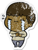 distressed sticker of a cartoon man crying png