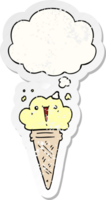 cartoon ice cream with face with thought bubble as a distressed worn sticker png