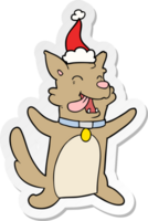 mano disegnato etichetta cartone animato di un' contento cane indossare Santa cappello png