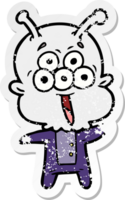 distressed sticker of a happy cartoon alien png