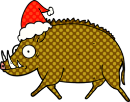 main tiré bande dessinée livre style illustration de une sauvage sanglier portant Père Noël chapeau png