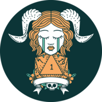 icon of crying tiefling with natural one D20 dice roll png