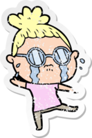 distressed sticker of a cartoon crying woman wearing spectacles png