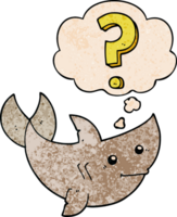 cartoon shark asking question with thought bubble in grunge texture style png
