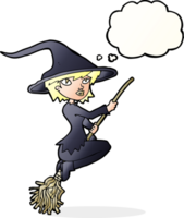 cartoon witch riding broomstick with thought bubble png