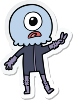 sticker of a cartoon cyclops alien spaceman giving peace sign png