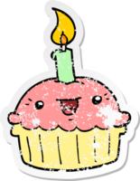 distressed sticker of a cartoon cupcake with candle png