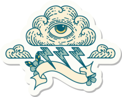 tattoo style sticker with banner of an all seeing eye cloud png