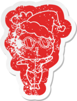 quirky cartoon distressed sticker of a woman wearing spectacles wearing santa hat png