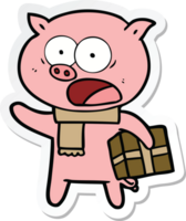 sticker of a cartoon pig with christmas present png