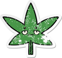 distressed sticker of a cute cartoon marijuana leaf png