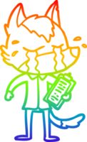 rainbow gradient line drawing of a cartoon crying wolf wearing work clothes png