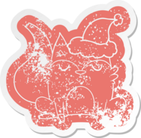 quirky cartoon distressed sticker of a fox wearing santa hat png