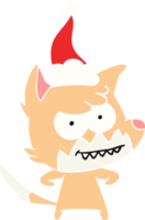 hand drawn flat color illustration of a grinning fox wearing santa hat png