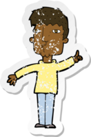 retro distressed sticker of a cartoon man raising point png