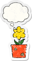 cartoon house plant with thought bubble as a distressed worn sticker png