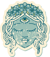 iconic distressed sticker tattoo style image of female face with third eye and crown of flowers png