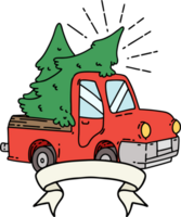 scroll banner with tattoo style truck carrying trees png