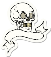 worn old sticker with banner of a skull png