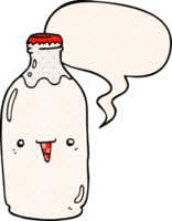 cute cartoon milk bottle with speech bubble in comic book style png