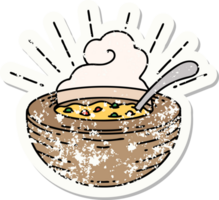 worn old sticker of a tattoo style bowl of soup png