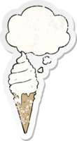 dessin animé la glace crème avec pensée bulle comme une affligé usé autocollant png