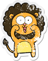 distressed sticker of a happy cartoon lion png