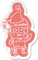 happy quirky cartoon distressed sticker of a robot waving hello wearing santa hat png