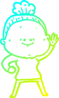 cold gradient line drawing of a cartoon happy old woman png