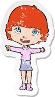 retro distressed sticker of a cartoon happy woman pointing png