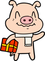 nervous cartoon pig with present png