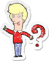 retro distressed sticker of a cartoon man with question png