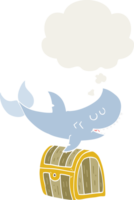 cartoon shark swimming over treasure chest with thought bubble in retro style png