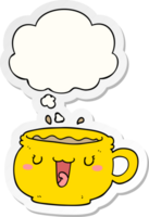 mignonne dessin animé café tasse avec pensée bulle comme une imprimé autocollant png