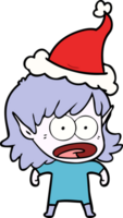 hand- getrokken lijn tekening van een geschokt elf meisje vervelend de kerstman hoed png