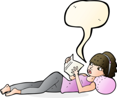 cartoon pretty woman reading book with speech bubble png