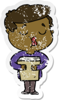 distressed sticker of a cartoon man holding book and singing png