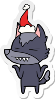 angry wolf hand drawn sticker cartoon of a wearing santa hat png