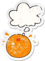 cartoon orange with thought bubble as a distressed worn sticker png