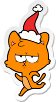 bored hand drawn sticker cartoon of a cat wearing santa hat png