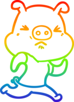 rainbow gradient line drawing of a cartoon angry pig wearing tee shirt png