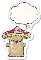 cartoon mushroom creature with thought bubble as a distressed worn sticker png