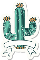 worn old sticker with banner of a cactus png